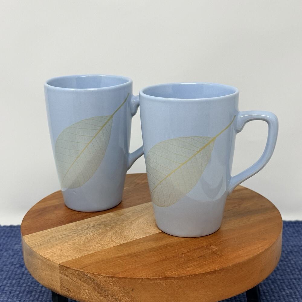 Pier 1 Aspen Blue with Gold Leaf Stoneware Coffee Mug Tea Cup Set Matching